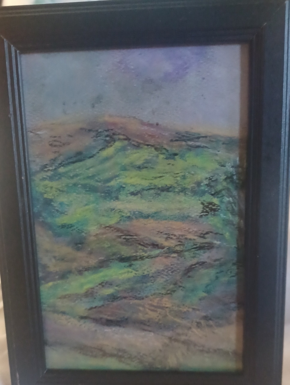 Framed Original Pastel Oil Abstract Landscape Wall Art in Green and Blue. Signed